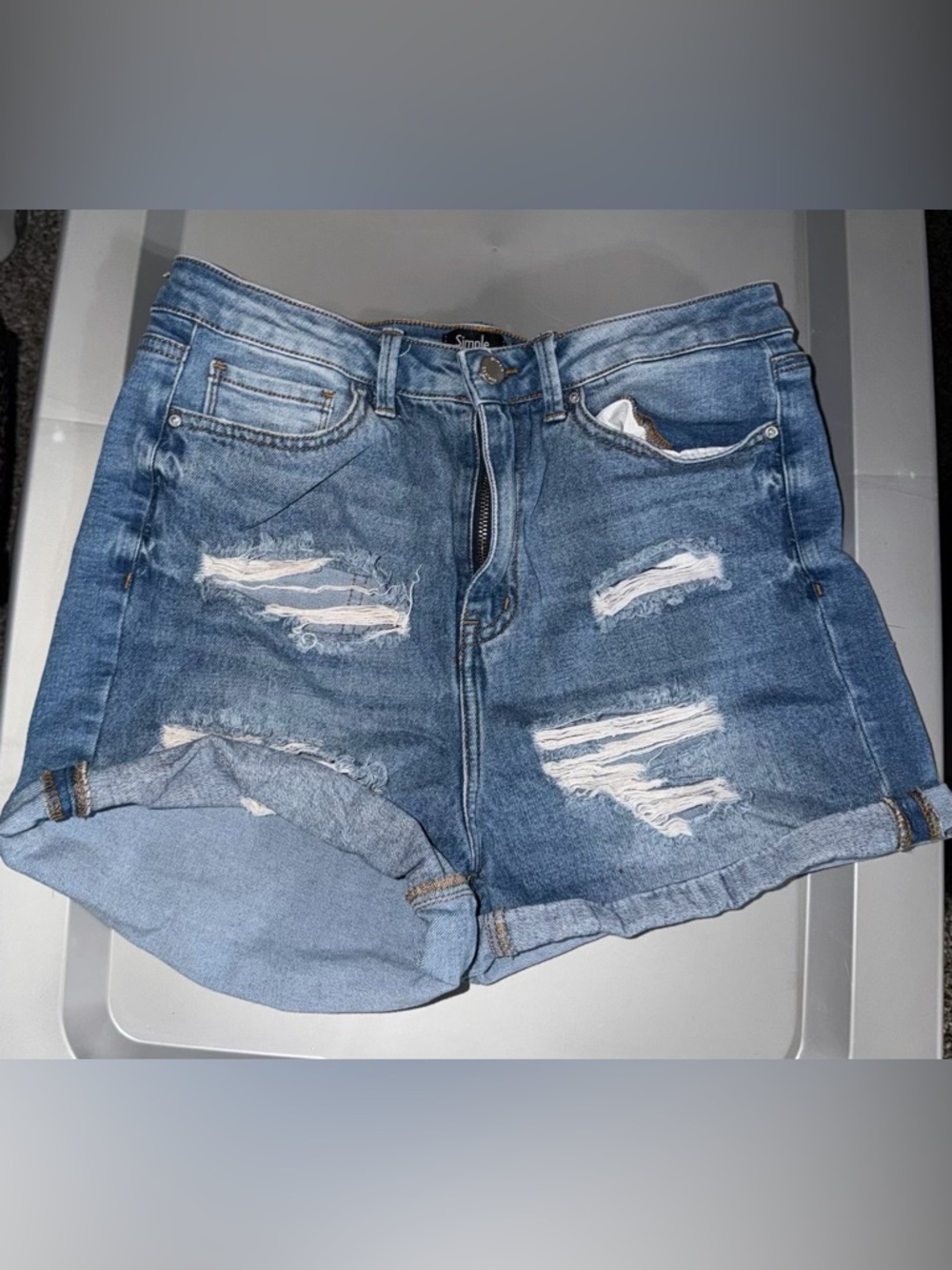 Simple Distressed Medium Blue Denim Jean Shorts